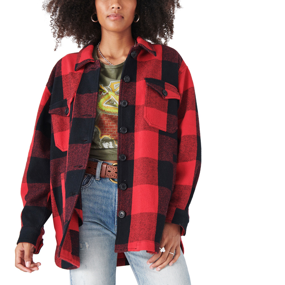Lucky Brand Plaid Oversized Shirt Jacket - Red Multi